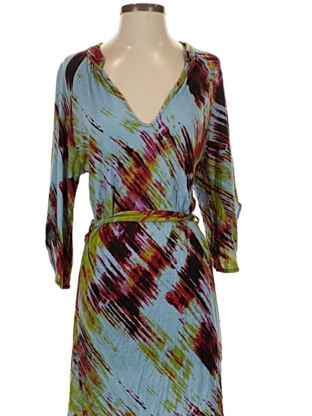 Vibrant Abstract Print V-Neck Maxi Dress - Blue, Green, Burgundy